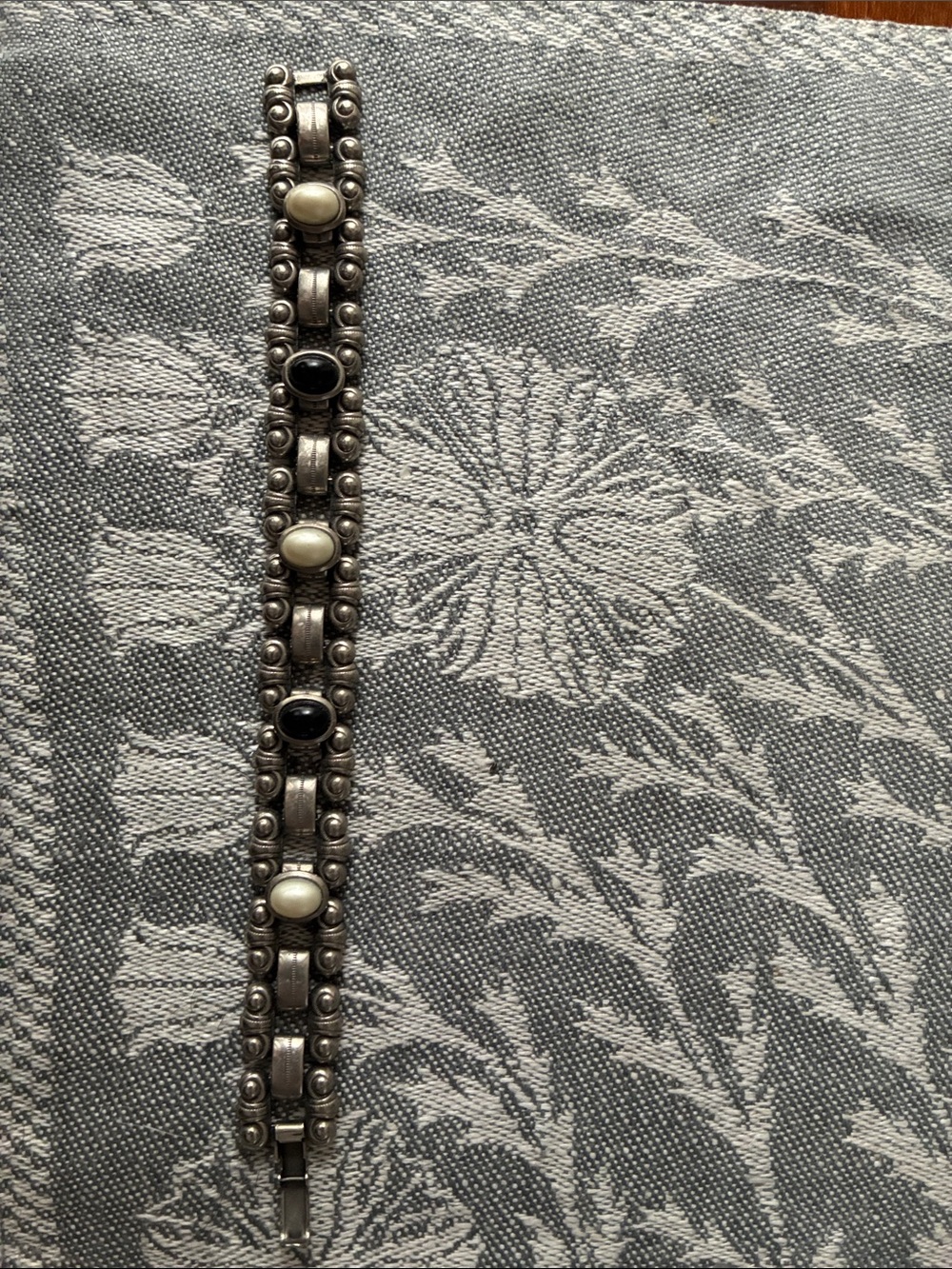 1928 Silver-Tone Bracelet with Black and Faux Pearl Cabochons